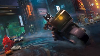 LEGO Batman rides his Batcycle through the streets of Gotham while onlookers point at him
