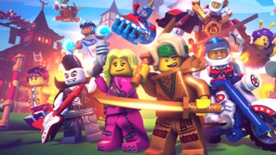 العمل الفني لبطل لعبة LEGO Brawls يعرض مجموعة من شخصيات LEGO المصغرة