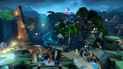 LEGO Brawls-screenshot van een gevecht in een arena met dinothema.