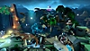 LEGO Brawls-screenshot van een gevecht in een arena met dinothema.