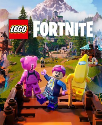 LEGO Fortnite artwork showing three LEGO minifigure characters, including one dressed as a pink bear and another as a banana, walking down a dirt path towards a mountain