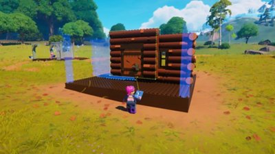 Lego Fortnite screenshot showing a LEGO Minifigure character building a cabin