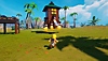 Lego Fortnite screenshot showing a LEGO Minifigure character running towards a tower