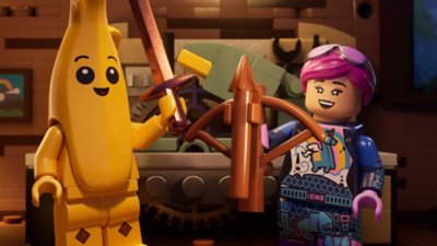Lego Fortnite screenshot showing two LEGO Minifigure characters holding weapons