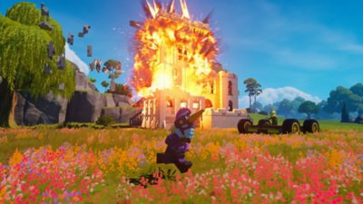 Lego Fortnite screenshot showing a LEGO Minifigure character running past an exploding building