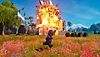 Lego Fortnite screenshot showing a LEGO Minifigure character running past an exploding building