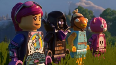 Screenshot aus LEGO Fortnite, der vier Minifiguren zeigt.