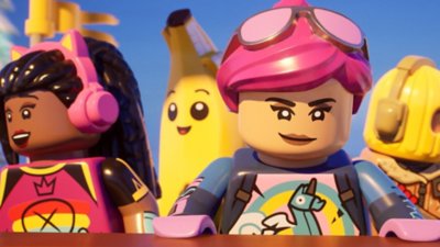 Екранна снимка на Lego Fortnite, показваща група решително изглеждащи герои от минифигурки LEGO