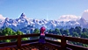 Lego Fortnite screenshot showing a LEGO Minifigure character looking out over a mountainous landscape
