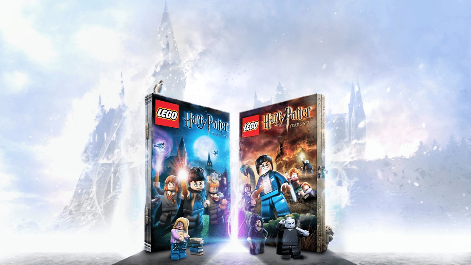 Covers for Lego Harry Potter Years 1-4 and 5-7 in front of Hogwarts Castle alongside Luna, Bellatrix and others