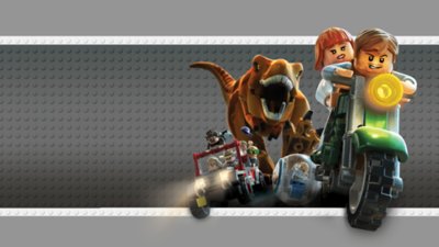 Claire and Owen escape a t-rex on a motorbike in Lego Jurassic Park