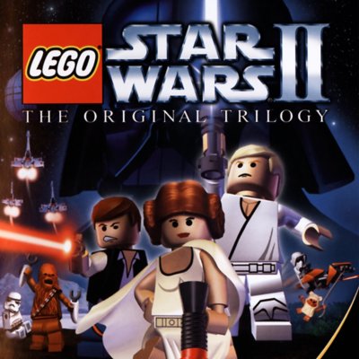 LEGO Star Wars II: Arte promocional de The Original Trilogy mostrando os personagens clássicos de Star Wars em forma de LEGO.