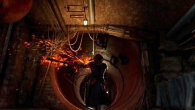 lies of p protagonist brandishing flaming weapon in a tunnel