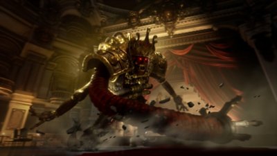 Lies of P screenshot showing a boss fight with a giant golden puppet with glowing red eyes
