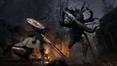 Lies of P screenshot showing Pinocchio fighting a large enemy