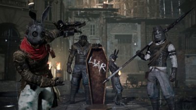 captura de pantalla de Lies of P en la que salen varios enemigos sosteniendo un ataúd de madera con la palabra "Mentiroso" pintada en el interior