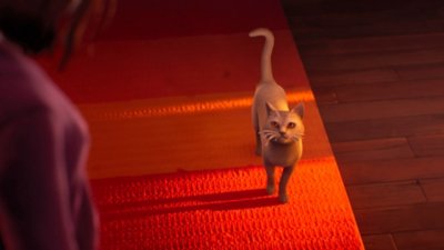 Captura de pantalla de Life is Strange: Double Exposure que muestra a un gato en una alfombra roja