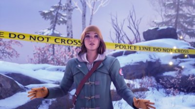 Life is Strange: Double Exposure screenshot showing Max in front of police Do Not Cross tape at a crime scene