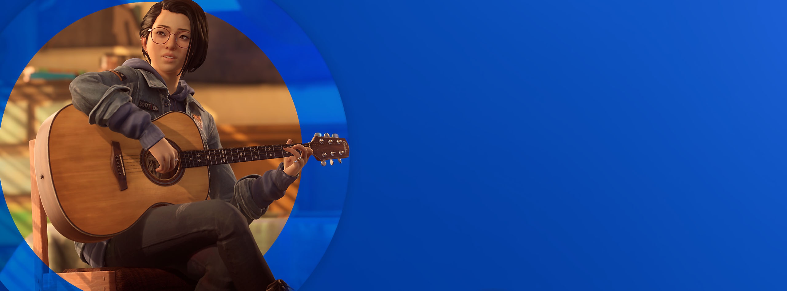 Dlaczego trzeba zagrać w Life is Strange: True Colors – grafika pokazująca Alex grającą na gitarze klasycznej, w kółku PlayStation 