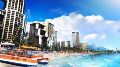 Like a Dragon: Infinite Wealth – snímka obrazovky zobrazujúca slnkom zaliate pobrežie Honolulu City.