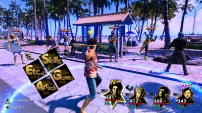 Screenshot aus Like a Dragon: Infinite Wealth, auf dem sich Ichiban und Freunde auf einen Kampf gegen Gegner mit Strand-Look bereitmachen.