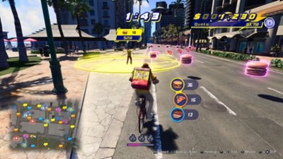 Captura de pantalla de Like a Dragon: Infinite Wealth que muestra a Ichiban montado en bicicleta en el minijuego Crazy Delivery.