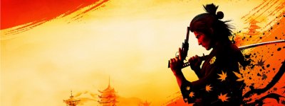 Like a Dragon: Ishin! – klíčová grafika zobrazující hlavní postavu s pistolí a katanou