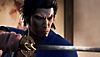 Screenshot van Like a Dragon: Ishin! met Sakamoto Ryoma die een zwaard vasthoudt 