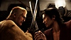 Captura de pantalla de Like a Dragon: Ishin! que muestra a dos personajes enfrentados con espadas cruzadas