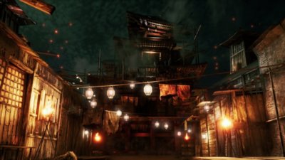 Like a Dragon: Ishin! screenshot showing an alley illuminated by lanterns