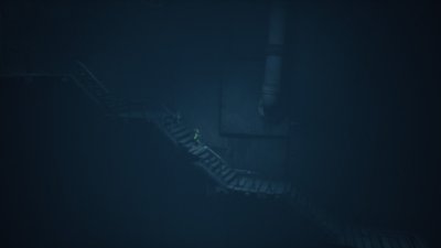 Little Nightmares III screenshot showing Low and Alone on a flight of stairs