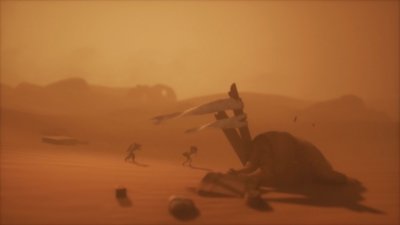 Ein Screenshot aus Little Nightmares 3, der Alone und Low zeigt, die neben einem riesigen Kadaver durch einen Sandsturm stapfen