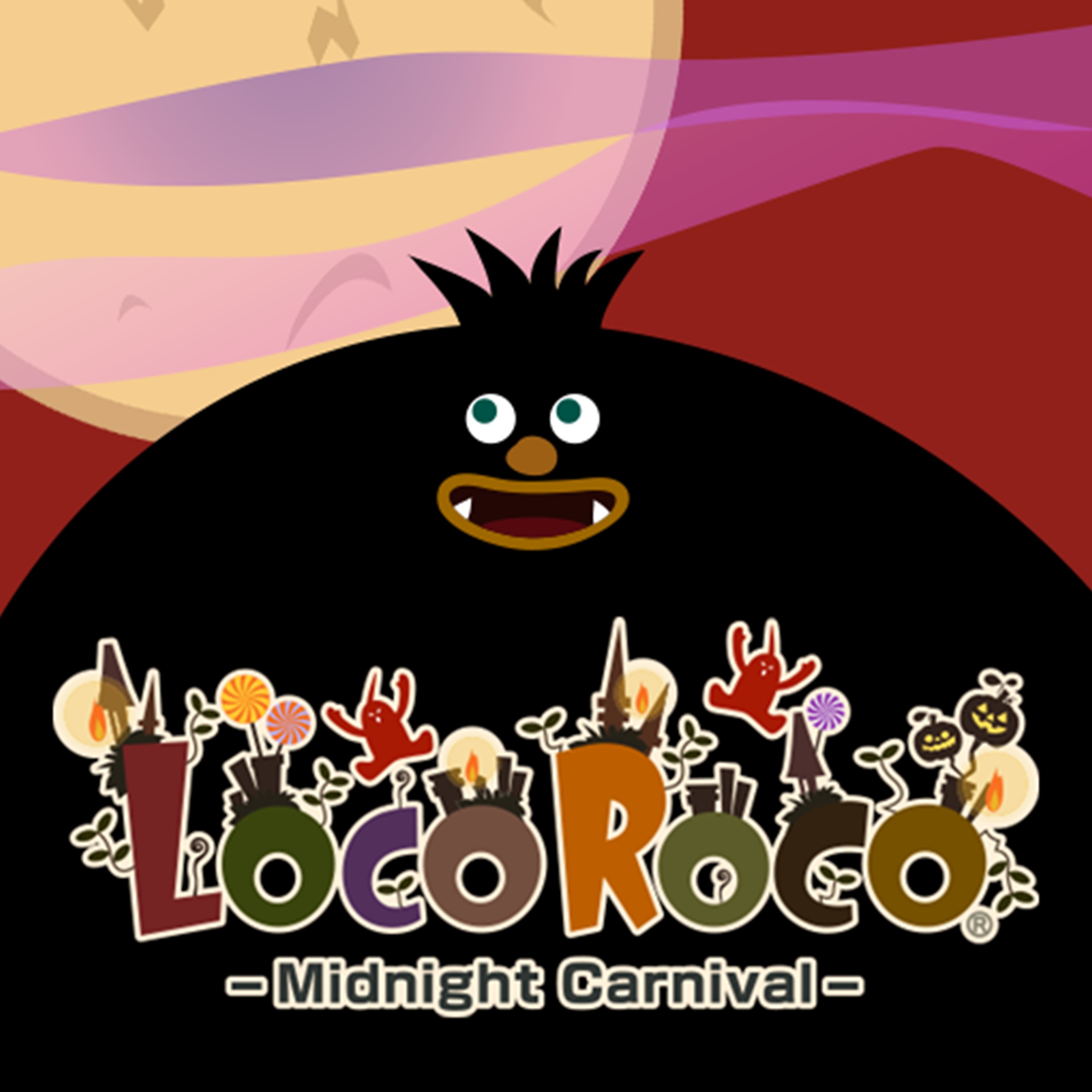 LocoRoco Midnight Carnival-grafik, der viser en stor, sort tegneseriefigur