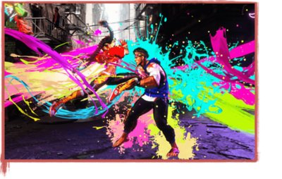Charaktere aus Street Fighter 6 kämpfen, während Farbe um sie herum spritzt