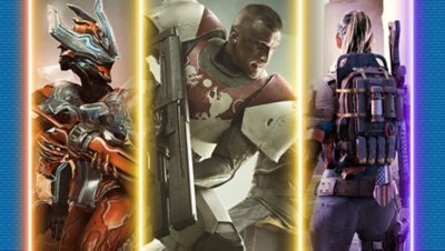 صورة فنية ترويجية لأفضل ألعاب التصويب والنهب على PS4 و PS5 تعرض ألعاب Warframe و Destiny 2 و Outriders