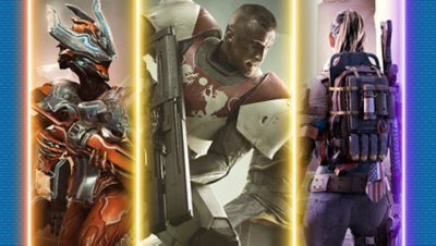 Arte promocional dos melhores caça-espólios no PS4 e PS5 com Warframe, Destiny 2 e Outriders