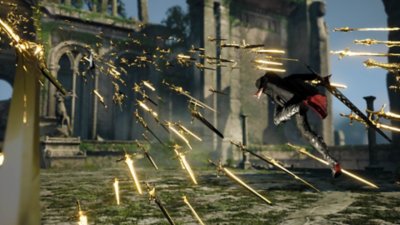 Lost Soul Aside til PC – skjermbilde av Kaser som løper mellom mange gylne klinger