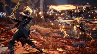 Lost Soul Aside til PC – skjermbilde av Kaser som kjemper mot en flammende, golemaktig fiende