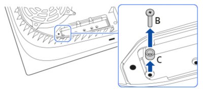 Schéma indiquant comment retirer la vis et l'entretoise de la fente d'extension d'une console PS5.