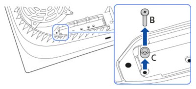 Diagramm, das zeigt, wie man die Schraube und den Abstandshalter vom Erweiterungssteckplatz der PS5-Konsole entfernt.