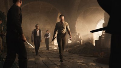 Mafia: The Old Country screenshot showing the player character walking with a knife in hand