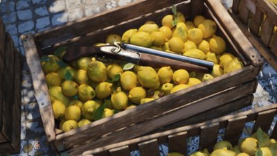 Mafia: The Old Country screenshot showing a shotgun and shells in a crate full of lemons