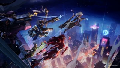 صورة من لعبة Marvel Rivals تعرض العديد من الأبطال الخارقين وهم ينطلقون نحو المعركة في بيئة مدينة مضاءة بالنيون