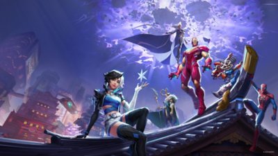 صورة فنية لبطل لعبة Marvel Rivals تعرض مجموعة متنوعة من الشخصيات القابلة للعب