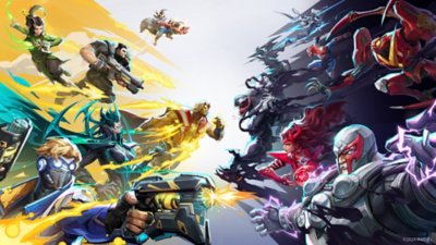 Imagen de Marvel Rivals que muestra una selección de superhéroes y villanos con los que puedes jugar