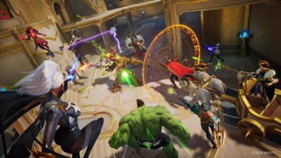 صورة من لعبة Marvel Rivals تعرض العديد من الشخصيات في قتال بما في ذلك Hulk و Storm و Scarlet Witch و Groot