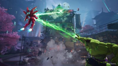 Imagen de Marvel Rivals que muestra a Iron Man y Hulk combinando poderes