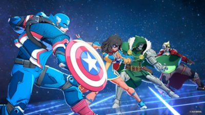 MARVEL Tokon Fighting Souls screenshot showing Captain America, Ms. Marvel, Dr. Doom and Star Lord lined up, ready to fight.