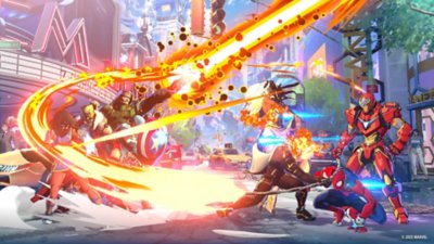 MARVEL Tokon Fighting Souls screenshot showing eight characters involved in a hectic battle