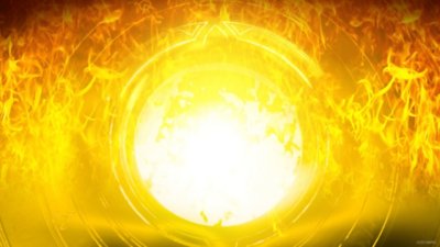 Marvel's Midnight Suns – Hintergrundgrafik mit einer hellen Kugel, die von Flammen umringt ist